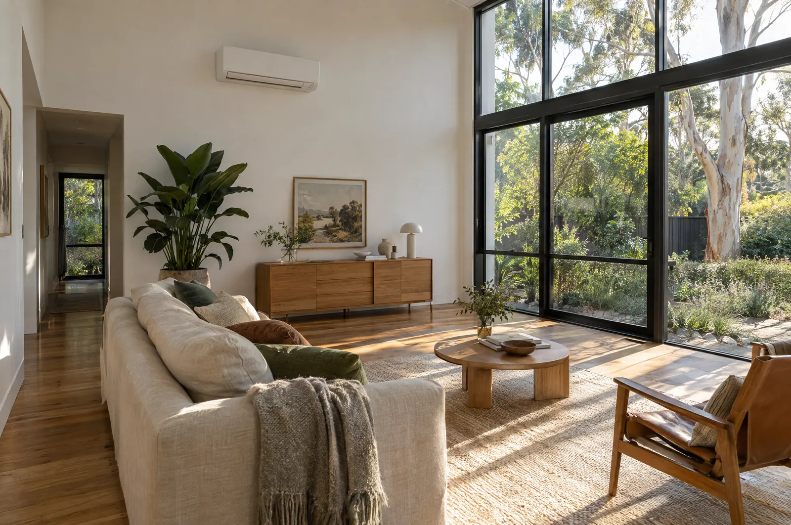 Bright family living room with a wall-mounted split system