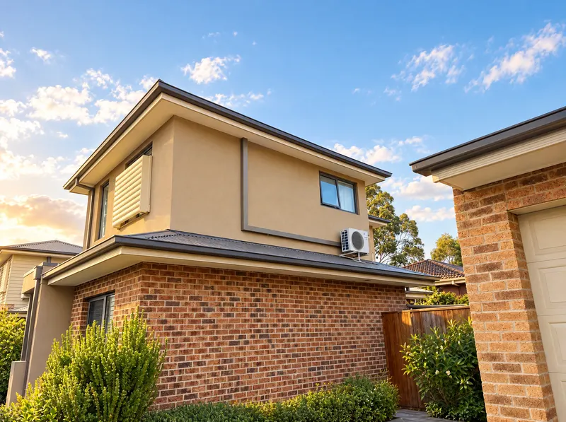 Outdoor unit on a double-storey brick home in the late afternoon sun